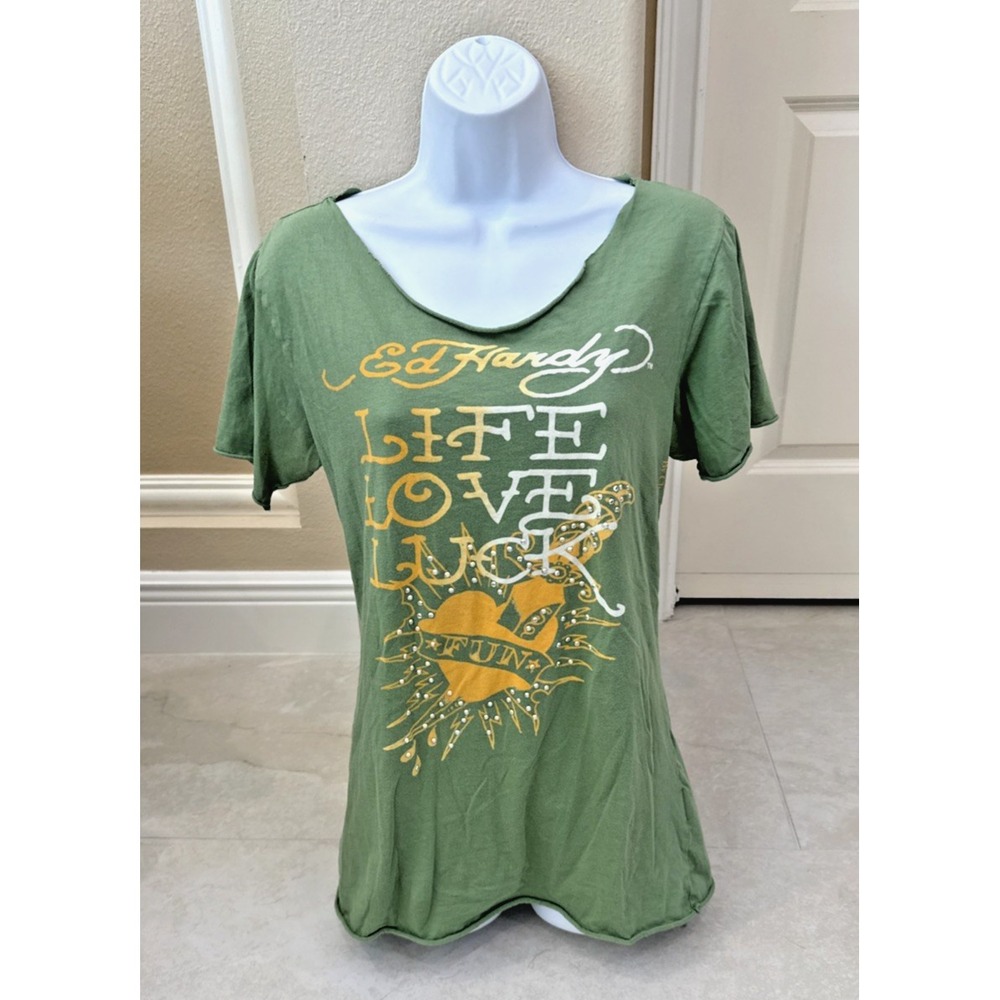 VTG Ed Hardy Christian Audigier Rhinestone Graphic Green Tee L Distressed Back
